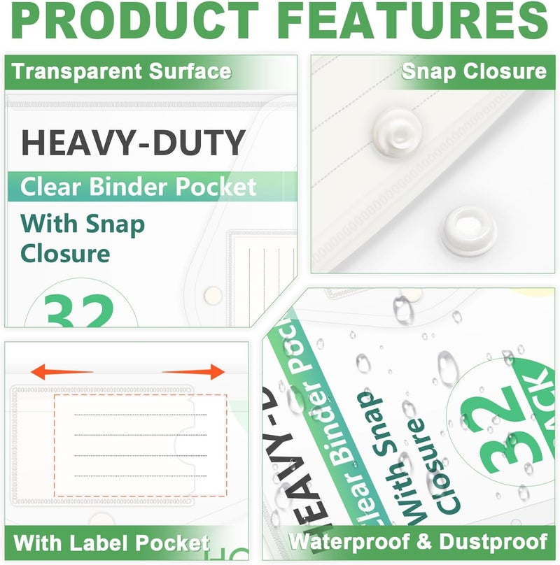 HOUYEE 32 Pack Clear Binder Pocket, 11 Holes Heavy-Duty Plastic Binder Pouch with Snap Closure for 2/3/4 Ring Binder, Clear Binder Folders for School Office, 8 Mil,100 Sheet Capacity, Letter Size - Image 4